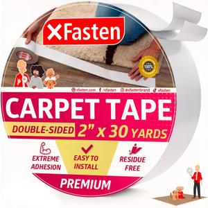 XFasten Double Sided Carpet Tape for Area Rugs, Residue-Free, 2-Inch x 30 Yards; Wood Safe 2 Faced Rug Tape for Carpet to Floor and Rug to Carpet Applications (2" x 30Yds)