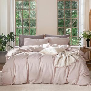 MooMee Bedding Duvet Cover Set 100% Washed Cotton Linen Like Textured Breathable Durable Soft Comfy (Heathered Greyish Pink, Queen 90"x90")