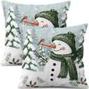 Christmas Pillow Covers 18x18 Inch, Set of 2, Double-Sided Snowman Green Printed, White Linen Decorative Throw Pillow Cases, Slightly Water-Resistant, Cushion Covers for Winter Home Decor