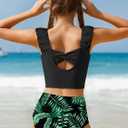 Girls Tankini Swimsuit 2 Piece Bathing Suit Twist Cross Back Cutout Swim Tank Top Floral Print Swimwear for 13-14Y (Black)