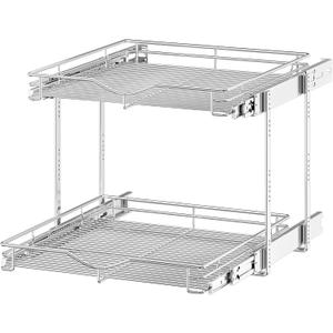 OCG 2 Tier Pull Out Cabinet Organizer (22.5" W x 21.5" D), Pull Out Drawers for Kitchen Cabinets, Pull Out Shelves for Base Cabinet Organization in Kitchen Bathroom Pantry, Chrome Finish