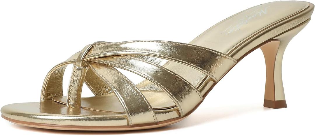 Mostrin Strappy Kitten Heels for Women Round Open Toe Flip Flops Slip On Mules Heels Fashion Thong Heeled Sandals for Party Wedding Holiday (8, Gold)