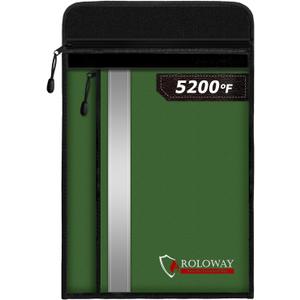 ROLOWAY Fireproof Document Bag (15.5 x 11.5 inch) with 2 Pockets and 5200 Aluminum Foil Layer, Fireproof Bag for Document Safe (Green)