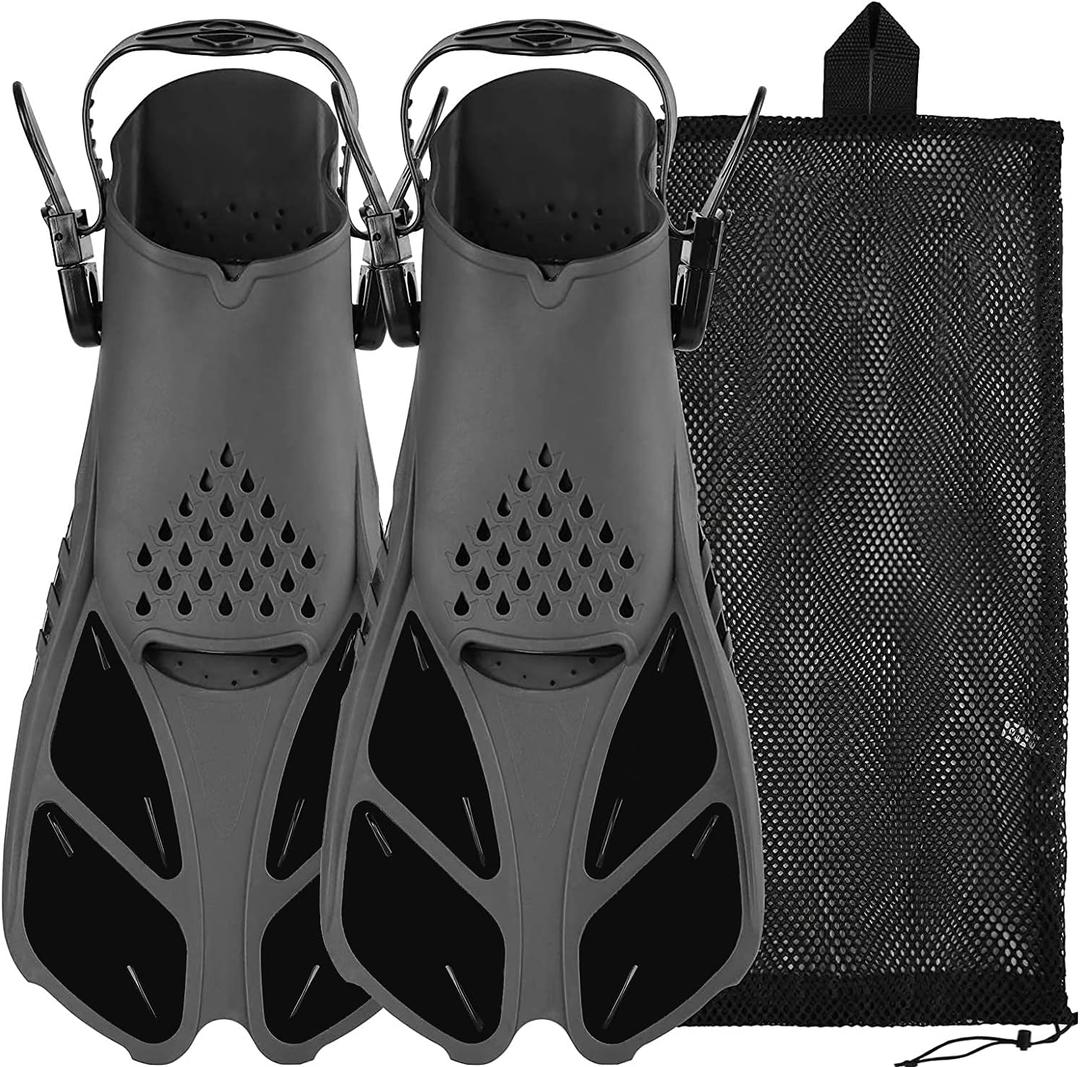 Sugaroom Swim Fins Open Heel, Adjustable Snorkel Fins Diving Fins with Mesh Bag, Snorkeling Gear Flippers Travel Size Short Flippers for Lap Swimming Scuba Dive Adult Men Women Kids (Kids JR 9-13 S/MD, Black)