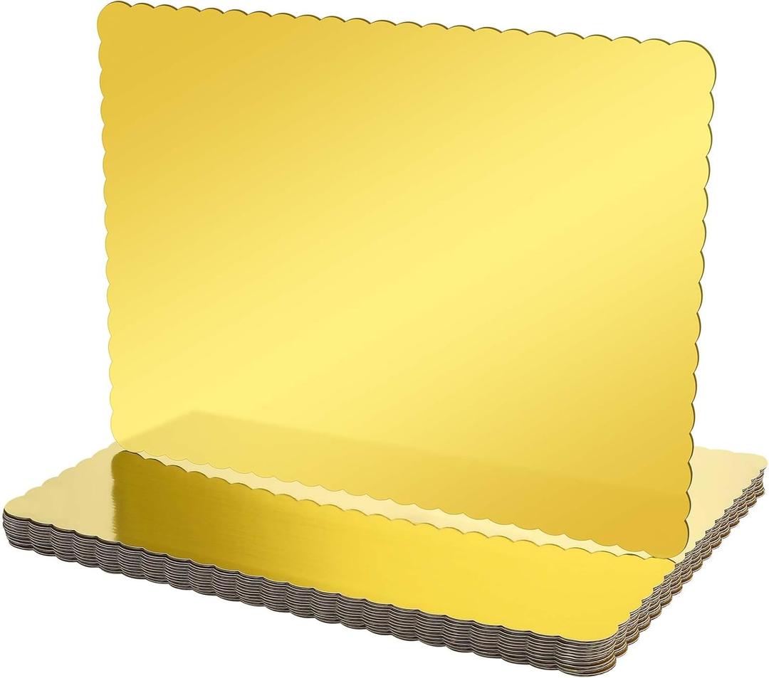 12 Pack 17 x 25 Inch Greaseproof Rectangle Cake Boards Corrugated Single Wall Pad Half Sheet Board Rectangular Scalloped Rectangle Dessert Base for Pizza (Gold)