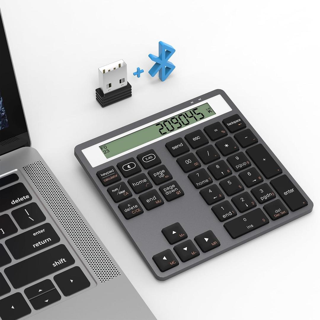 Bluetooth Number Pad - 2.4G Wireless Numeric Keypad with Display Calculator - Wireless Number Pad Slim 34-Key Portable Financial Accounting Numpad Data Entry & Calculation 2in1 for Laptop Desktop PC