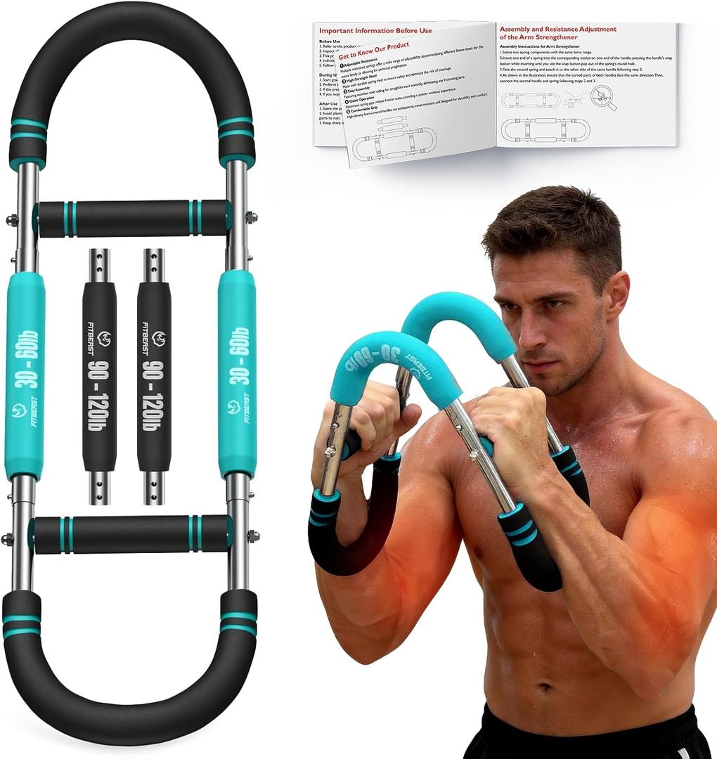 FitBeast Twister Arm Trainer, 4 Progressive Resistance Levels (30-120 lbs), 4-Spring Adjustable Arm & Chest Workout Equipment, Upper Body Strength Training Equipment for Home Gym (Blue)