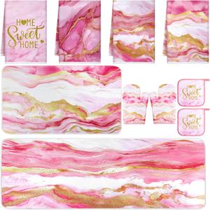 10 Pcs Kitchen Dish Towels Rugs Oven Mitts and Pot Holders Kit Farmhouse Kitchen Decor Set Gloves Vintage Potholders for Baking Cooking Chef(Pink,Modern)