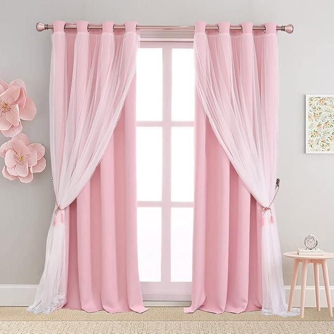 Pink Blackout Curtains with Sheer Overlay, 2 Panels, Thermal Insulated & Soundproof, Lace Trim for Bedroom, Nursery, Living Room - Modern Pink Drapes, Room Darkening Curtains, 52x84 Inches