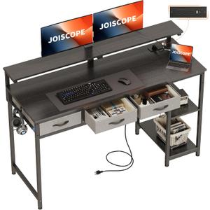 JOISCOPE Home Office Desk with Power Outlets (3AC, USB, Type-C), 55 x  20 Inch Computer Desk with 3 Drawers & Shelves, Laptop Table with Display Riser, Gaming Study Drafting Table for Bedroom, Black