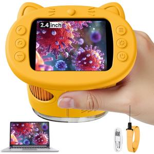 Microscope for Kids, 2.4 Inch Digital Microscope with 1000X Magnification, Handheld Camera Mini Pocket Magnifying Glass, Educational Christmas Birthday Gifts Toys for Ages 3+, Yellow