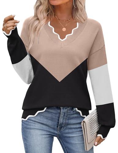 Zeagoo Womens Sweaters Dressy Casual 2025 Fall Color Block Tops Long Sleeve V Neck Cute Knit Sweaters Fall Outfits