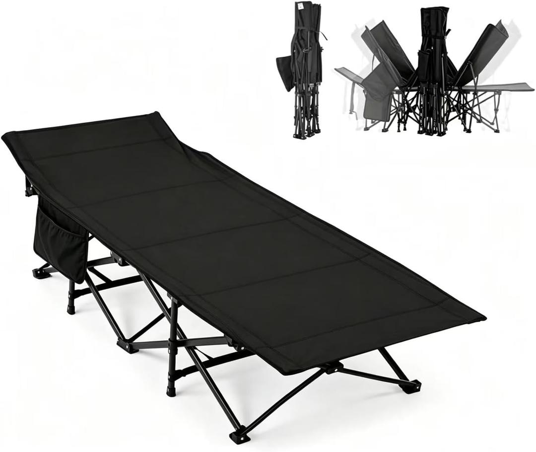 Oversized Adjustable Camping Cots,Comfortable Folding Cot Bed for Adults,Portable Sleeping Cot with Side Pockets,Heavy Duty Supports 400lbs,Easy Setup for Camping,Travel,Outdoor Indoor Office,Black