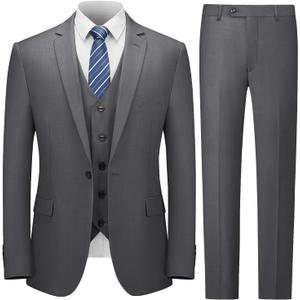 Cooper & Nelson Men's Suit Slim Fit, 3 Piece Suits for Men, One Button Solid Jacket Vest Pants with Tie, Tuxedo Set  (Gray, 46R/2XL)