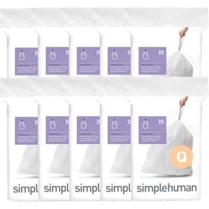 simplehuman Code Q 200 Count, Dispenser Pack Custom Fit Liners, Drawstring Trash Bags, 50-65 Liter / 13-17 Gallon, White