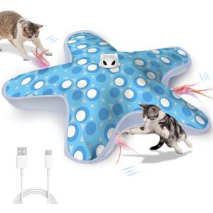 Rechargeable Interactive Cat Toys, Automatic Cat Toy for Indoor Cats, Durable Hide and Seek Cat Toy with Moving Concealed Feathers, Touch Activated Kitten Toys Cat Exercise Toys, Blue White Cover