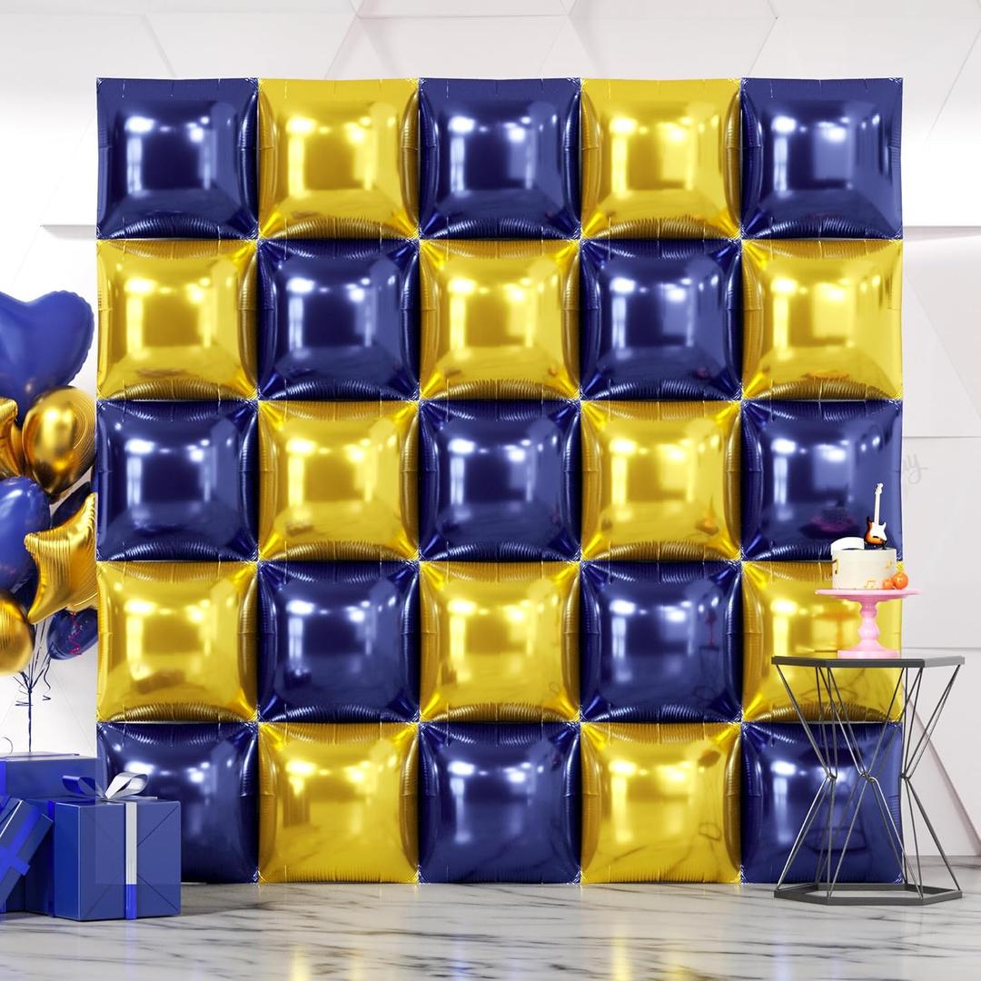 NISOCY 25PCS Blue Gold Square Foil Balloons Wall Backdrop Double Sided Navy Blue Gold Balloons Arch Kit for Birthday Graduation Baby Shower Wedding Anniversary Party Decorations