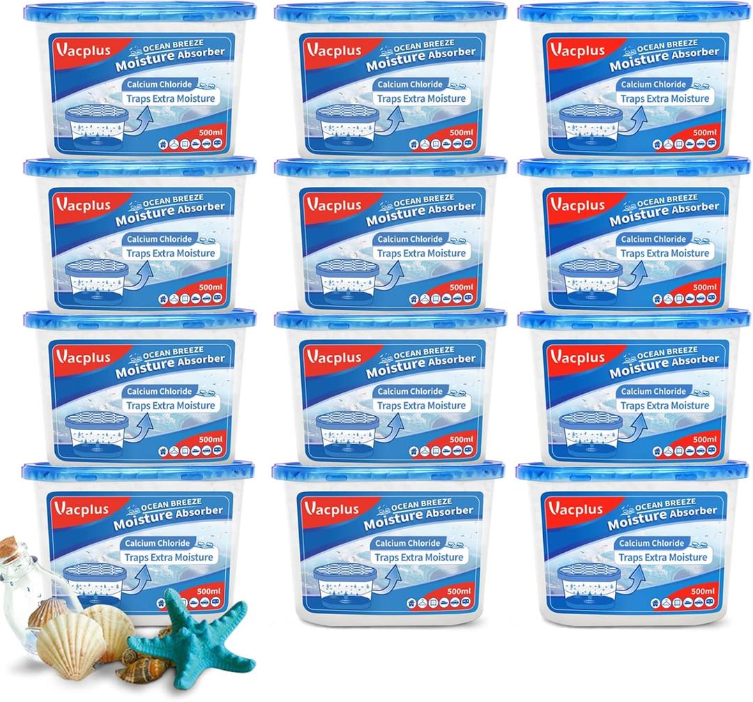 Vacplus Moisture Absorbers, 10.5 Oz Humidity Absorber Boxes Attracts Extra Moisture from Your Bathroom, Closet, Kitchen & Study, Dehumidifier, Odor Eliminator for Closet (Ocean Scent), 12 Packs