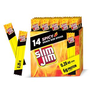 4 x Slim Jim Smoked Meat Sticks, Spicy Flavor, 6g Protein Per Serving, Snack Size, 0.28 oz. (14 Count) (EXP 08/15/26)