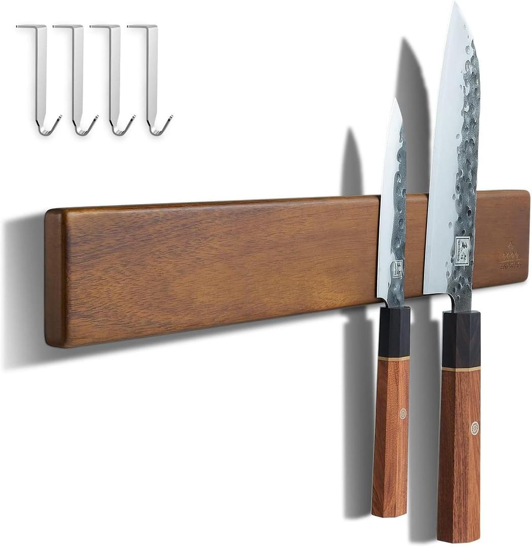 ENOKING 16 Inch Strong Magnetic Knife Holder for Wall, Solid Acacia Wood Knife Bar with 4 Hooks, 3-Way Installation: No-Drill Wall Mount, Screw Mount, & Refrigerator Slip-Proof Magnet Strip