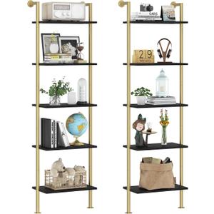 Acovy 5-Tier Bookshelf - Solid Wood Narrow Bookcase Set of 2, Wall Mount Ladder Shelf, Storage Rack for Living Room, Bedroom, Bathroom, Black and Gold, 64"H x 17.34"W x 9"D