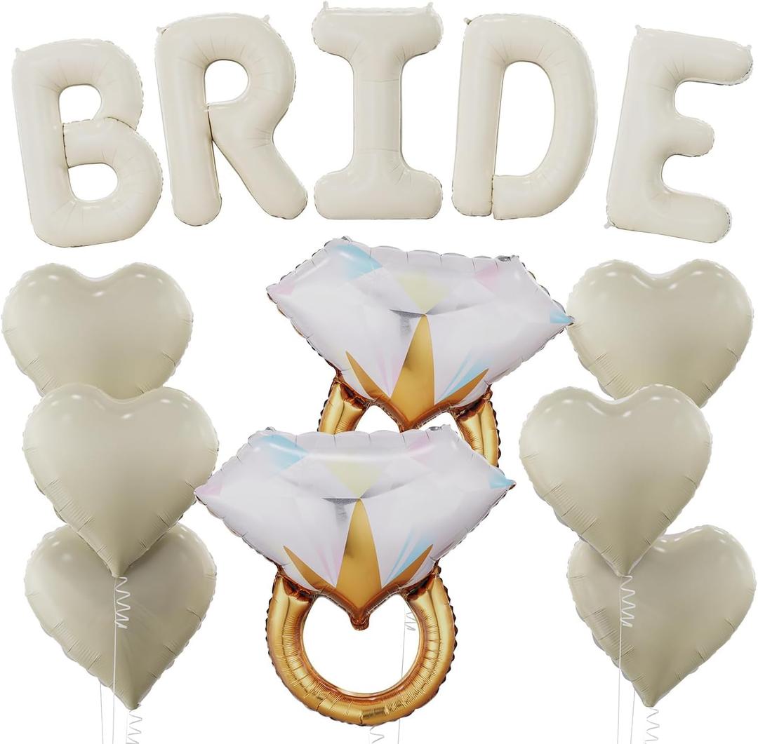 40 Inch Beige BRIDE Balloons for Bachelorette Party Decorations, Large Cream White Sand Bride Diamond Ring Heart Foil Balloons Wedding Bridal Shower Engagement Bride To Be Party Supplies