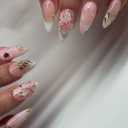 Gold Flower Press on Nails, Almond Shape Fake Nails, French Tip False Nails with 3D Jelly Floral Designs, Medium Lenght Pearl Charm Acrylic Nails, Glossy Pink Full Cover Glue on Nails