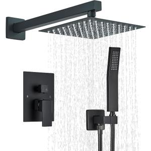 Shower Faucet Matte Black Shower System with 8 Inches Rain Shower Head and Handheld Spray Bathroom Luxury Rain Shower Faucet Set Complete Wall Mounted