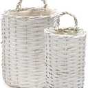AuldHome Design Wall Hanging Baskets (White, Set of 2); Woven WIcker Rustic Farmhouse White Washed Door Baskets, Small and Medium Size