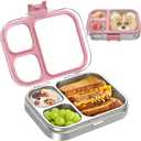 Kids Stainless Steel Bento Box with Silicone Lid Leak-proof Toddlers Lunch Container 3 Compartments Dishwasher Safe Pink