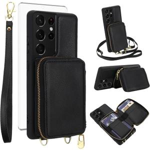 Phone Case for Samsung Galaxy S21 Ultra 5G Wallet Cell Cover with Tempered Glass Screen Protector Crossbody Strap Lanyard RFID Blocking Credit Card Holder S21ultra 21S S 21 21ultra G5 Women Men Black