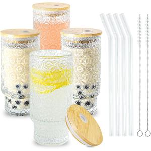 4 Pcs 16oz Drinking Glasses Cups Set with Bamboo Lids Straws Brush Begonia Vintage Glassware Set for Juice Iced Coffee Beer Cocktail Whiskey