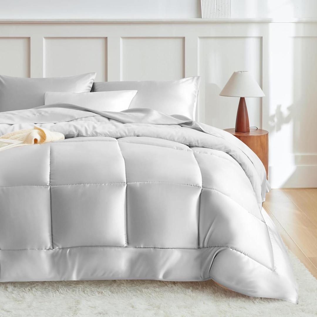 MR&HM Queen Comforter Set Silver Grey, Reversible Satin Microfiber Comforter Set for All Seasons, 3 Pieces Non-Slip Silky Soft Bedding Sets with 1 Comforter (90"x90") and 2 Pillowcases (20"x26")