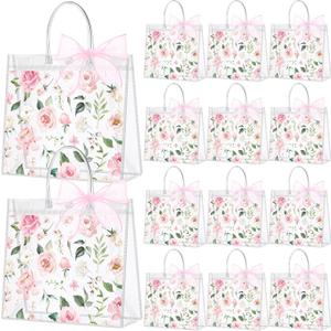 Wesnoy 24 Pcs Clear Floral Gift Bags with Handles Rose Pink Flower PVC Treat Tote Bag for Tea Birthday Party Wedding Bridal Shower Bachelorette Anniversary Engagement Guests, 6.3 x 5.9 x 3.2 Inch