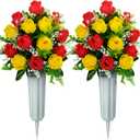 XONOR Artificial Cemetery Flowers for Grave Decorations, Artificial Memorial Roses Flowers Bouquet with Vase for Cemetery Headstones Decoration, 2 Sets (Red&Yellow)