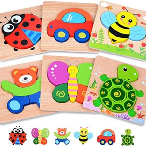 2 Packet. MAGIFIRE Wooden Puzzles 12-18 Months - Multicolor Set of 6 Animal & Vehicle Shapes with Storage Bag - Montessori Chunky Puzzles for Toddlers Ages 1-3 & Hand-Eye Coordination