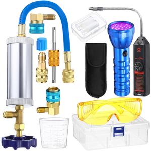 Tellegloww 8 Pcs Ac Leak Detector Kit, R1234yf R134a R410a Ac Oil UV Dye Injector Kit Refrigerant Leak Detector Tool Low Side Quick Coupler Mini Split Adapter Glasses Flashlight