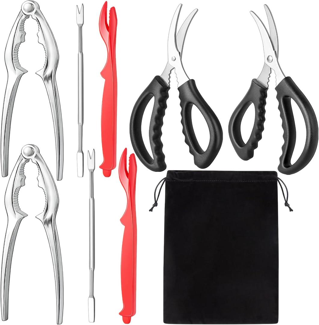suoundey Seafood Cracker Tool Set With Lobster Sheller Stainless Steel Crab Crackers Crab Leg Fork Seafood Scissors And Storage Bag, Crab Leg Pick Utensils Set Crab Eating Tools (9Pcs)