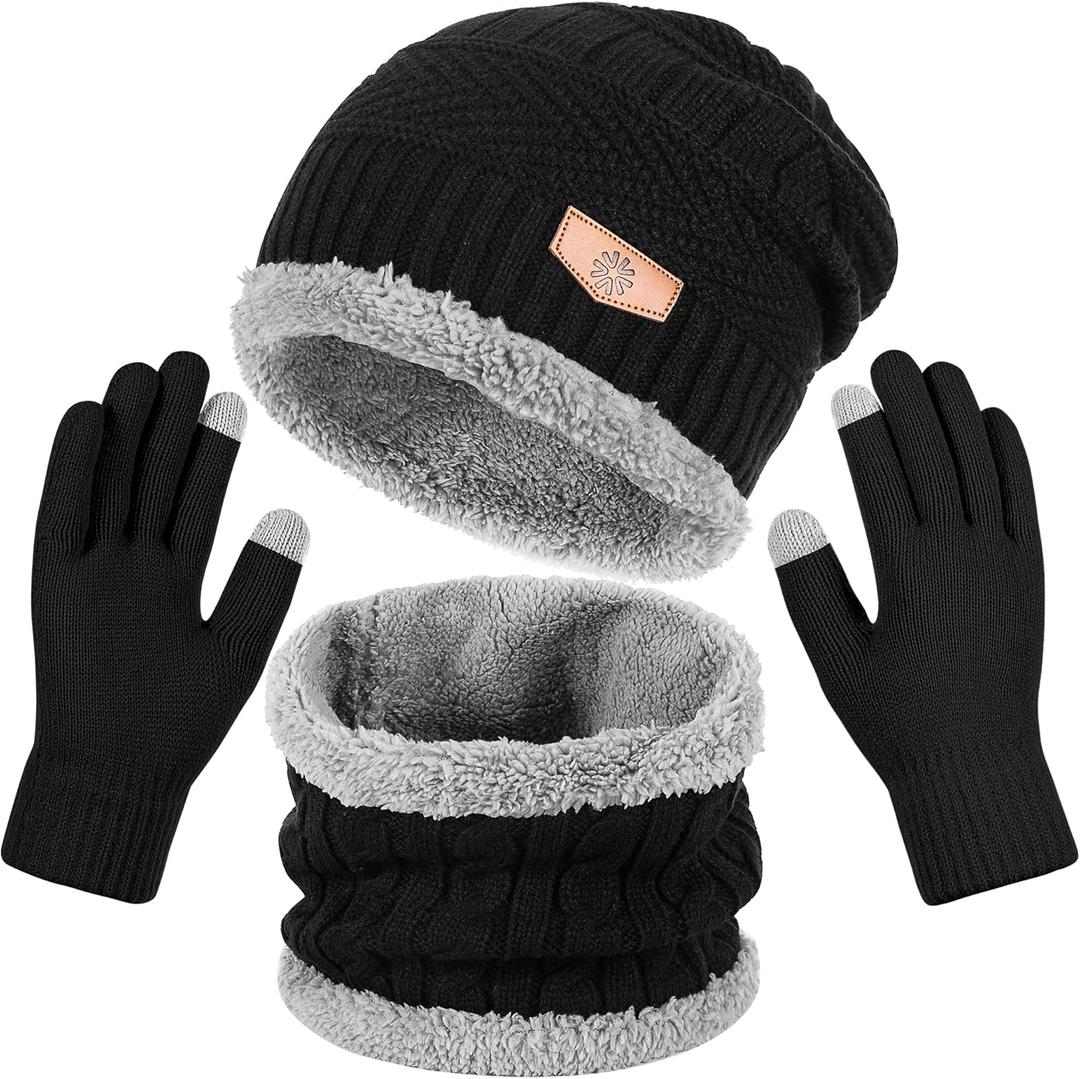 Winter Beanie Hat Scarf and Gloves Set For Men WomenWarm Beanie Hat Soft Neck Scarf and Touch Screen Gloves for Cold Weather (Black)
