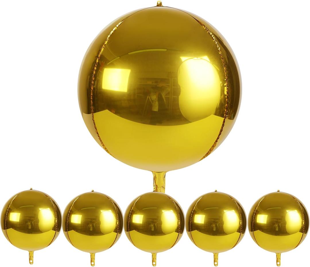 Large 15inch Gold Balloons Decorations, Big 360 Degree Round Balloons 4D Sphere Mylar Foil for Baby Shower,Wedding, Gender Reveal, Birthday or Engagement,Bachelorette Party Supplies