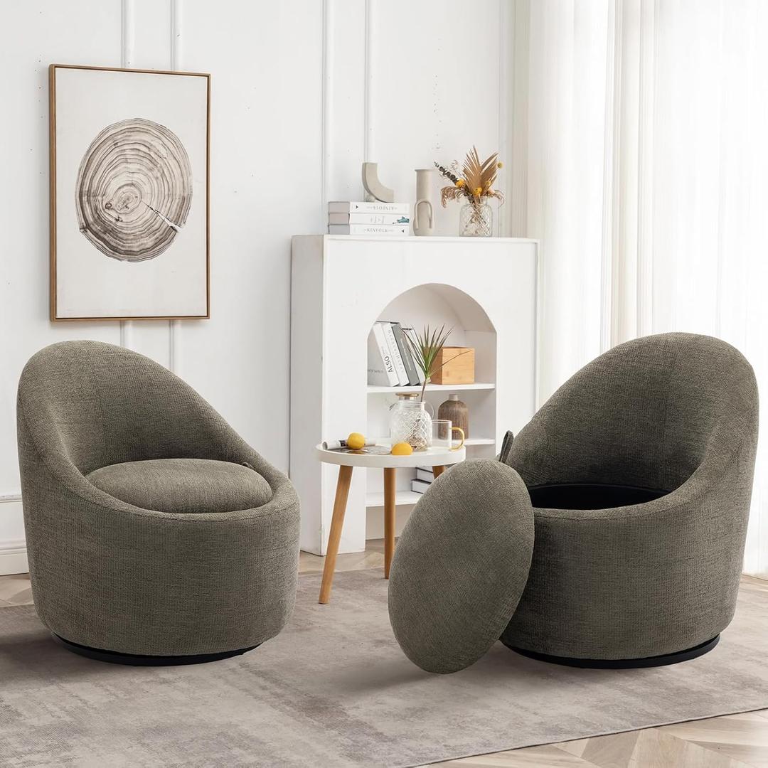 Modern Green Accent Swivel Chair Set of 2 - 360 Barrel Chair with Hidden Storage for Living Room/Bedroom