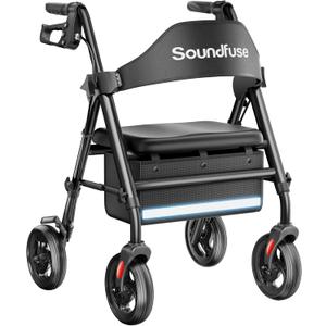 Soundfuse Rollator Walkers with Seat for Seniors, Foldable 8" Big Wheels All Terrain Rolling Walker, Handles and Ergonomic Seat Height Adjustable, 350 lb (Black)