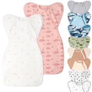 Swaddle Blanket Sleep Sack with Arms Up Design 2 Packs, Hands Up Sleeping Sack 3-Way Transitions to Arms-Free Wearable Sleeping Bag for Newborn Baby Boys Girls Snug Fit Calms Startle Reflex (S ( 0-3 Months, 5-14 lbs ), Apple + Bee Butterfly)