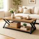 47 Inch Rustic Brown Coffee Table with Storage, 2 Tier Wood and Metal Rectangular Center Table for Living Room, Open Shelf, Industrial Style, 47.24"L x 23.62"W x 17.75"H