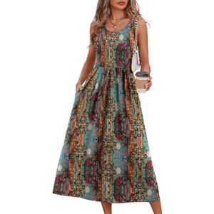 WIHOLL Womens Summer Dresses Midi Dresses for Women Boho Vacation Sleeveless Flowy Casual Spring Dress Hawaiian Beach Long Dress Sundresses for Women Teal Boho Floral Print L