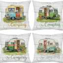Camping Pillow Covers 18x18 Inch,Set of 4 Rustic Vintage Camper Throw Pillowcases, Linen Cushion Covers with Retro Travel Trailer Design for Sofa CouchOutdoor Dcor