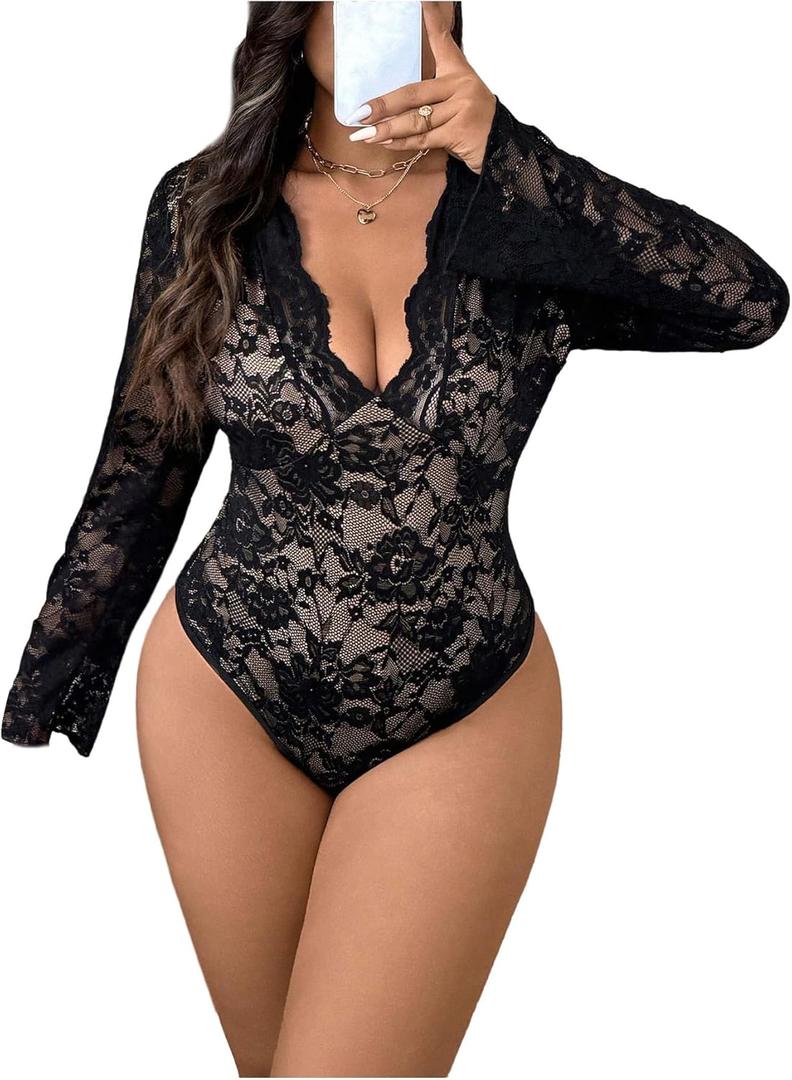 WDIRARA Women's Plus Size Sexy Floral Lace Bodysuit Deep V Neck Long Bell Sleeve Leotard Tops (4X-Large Plus, Black)