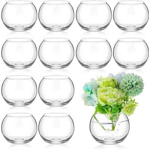 12 Pcs Glass Bubble Bowl Vase Bulk, Clear Round Glass Centerpiece Bowls for Valentine's Wedding Table Decor, Fish Flower Bud Vase Terrarium for Event Party DIY (3.5" h X 3.94" w)