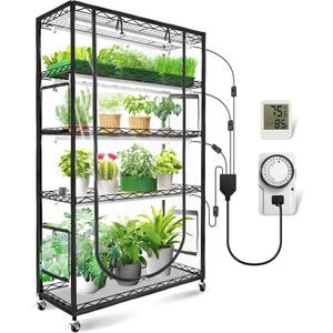 JESLED Indoor Greenhouse with Grow Light, 3FT Full Spectrum 5000K LED Light for Seed Starting, Tiered Lighting Control, Built-in Timer & Thermo-Hygrometer, Rolling Metal Plant Stand (35.4x13.8x70 in)