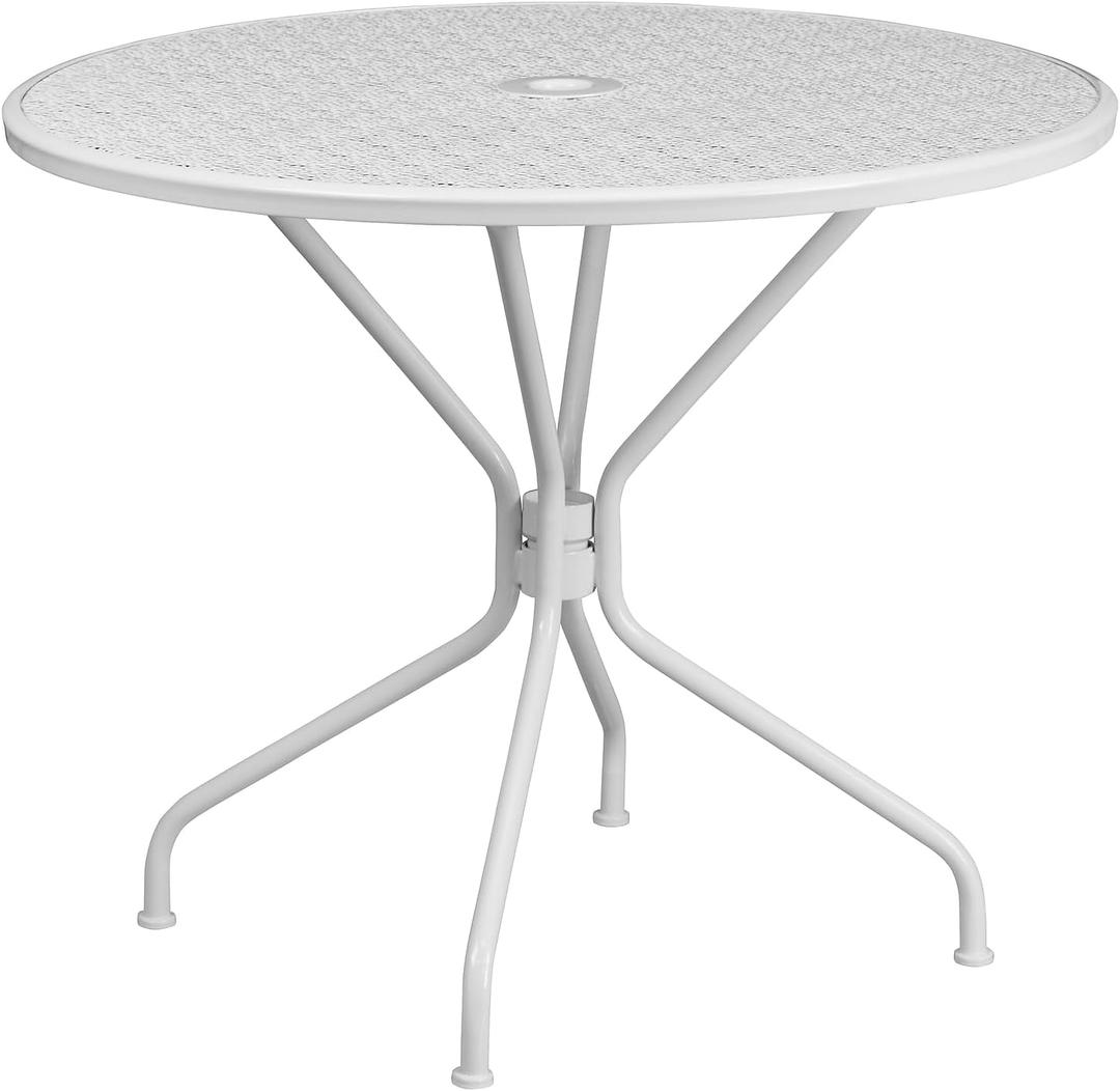 Flash Furniture Oia Commercial Grade 35.25" Round White Indoor-Outdoor Steel Patio Table with Umbrella Hole